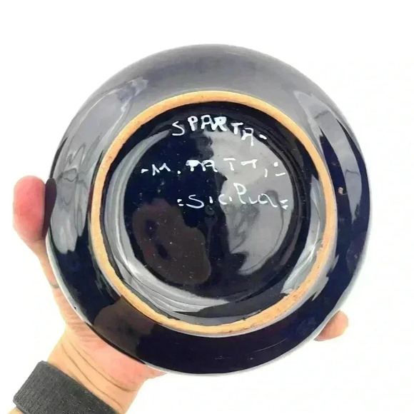 VTG Ceramic Trinket Box Round Lid Unknown Artist 5" Wide Dark Blue Hand Painted - Picture 11 of 13